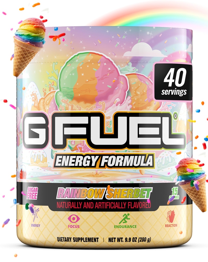 G Drivstof Rainbow Sherbet energi drikke pulver, pre trening koffein blanding for spill, sukker gratis fokus Amino, vitamin + antioksidanter, 9,9oz (Rainbow Sherbet, 40 serveringer)
