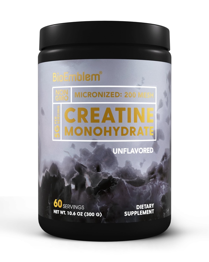 BioEmblem Creatine Monohydrate Powder - Unflavored Micronized Creatine Easily Mixes - Muscle Strength, Workout Recovery, Exercise Performance - 300g Creatine Supplement - Non-GMO, Vegan