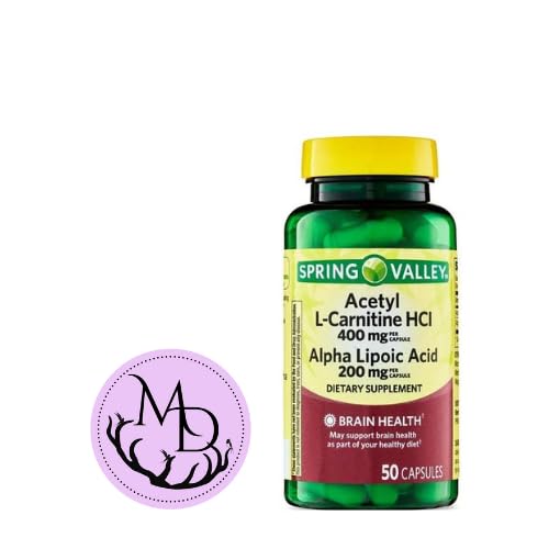 Generisk Acetyl L-karnitin HCI 400 mg + Alfa Lipoic Acid 200 mg Kapsler Spring Valley, 50 Antall + klistremerke Dri Store