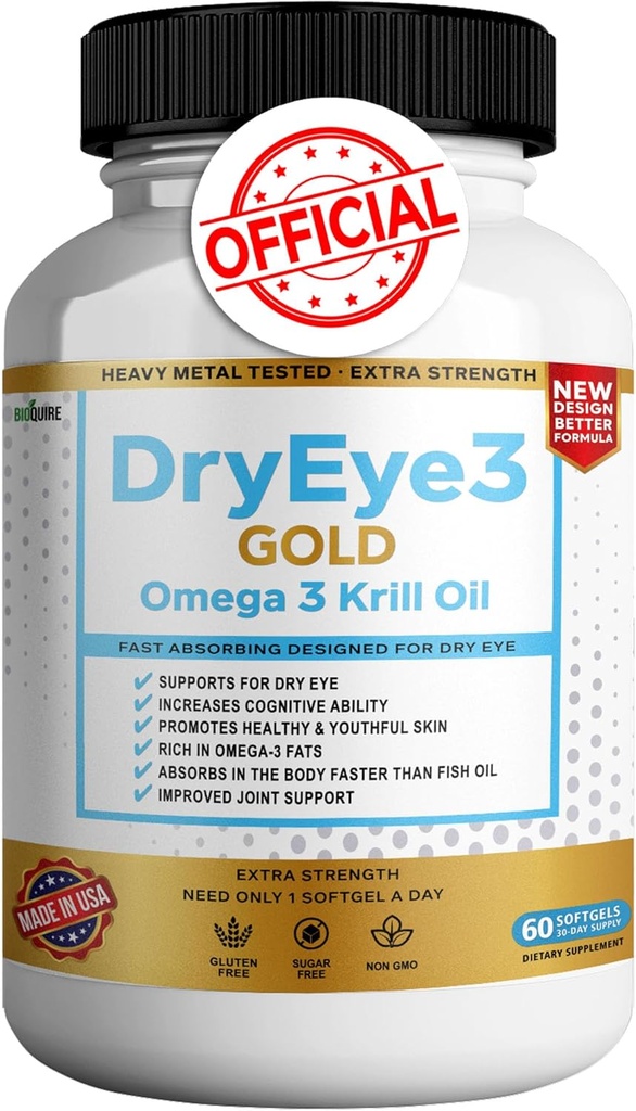 Tørr Øye 3 Gull Omega 3 Krill olje ekstra styrke, 60 Softgels, Tørr øye støtte, ikke-GMO, Glutenfri, Sukkerfri (1)