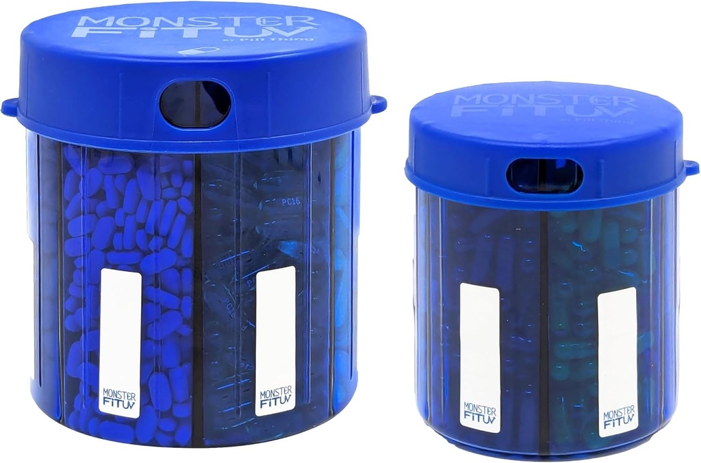 Monster Supplement Medisin Pill Dispenser med sammenliknende etiketter - Ekstra stor pille flaske håndtak nesten alle kosttilskudd - lett å dispensere (Monster Blå & Monster Jr. Blå)