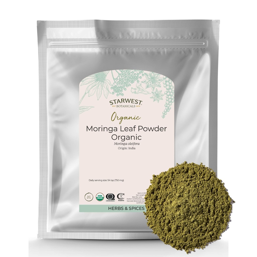 Starwest Botanicals Organic Moringa Leaf pulver - Grønn Superfood pulver for te, kapsler, juice, & smoothies, Naturlig kilde til antioksidanter, sertifisert Kosher, ikke GMO - Bulk 1 lb Bag