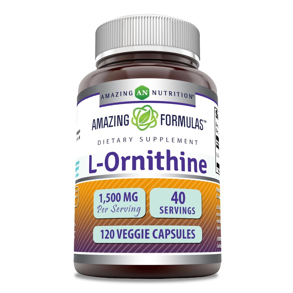 Amazing Formler L-Ornithine 1500 Mg Per Serving Veggie Capsules Supplement | Ikke-GMO | Glutenfri | laget i USA (120 greve)