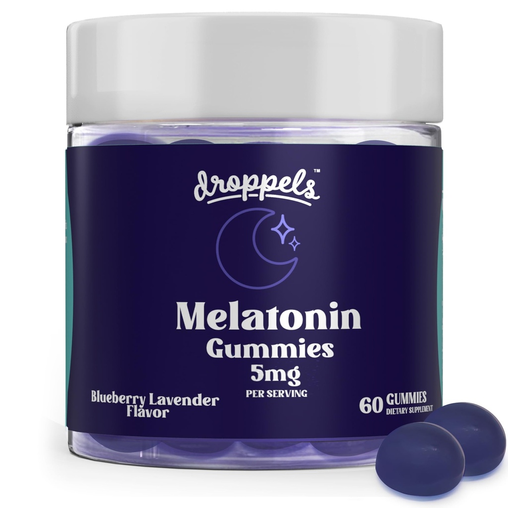 Droppels Melatonin Gummies, 5mg – Plantebasert, Vegansk Melatonin 5mg for naturlig søvn støtte med kamille ekstrakt, 60 greve, Blåbær Flavor (1-måneders forsyning)