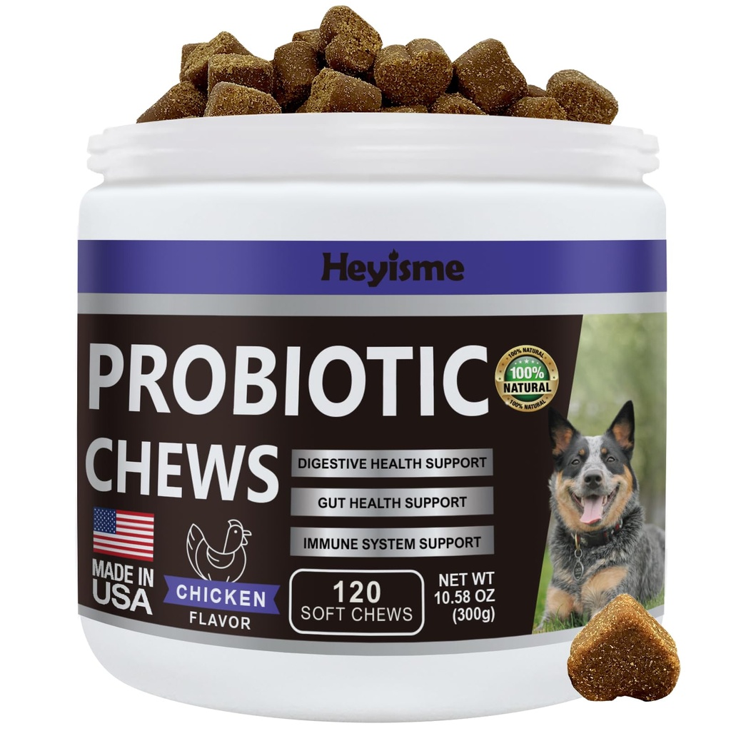Probiotika for hunder, forbedre yeast-balanse, kløende hud kløende ører, gut-helse, allergier, immunisme, hundprobiotika og digestive enzymer med prebiotika - Reduser diarré (Chicken, 120 Chews)