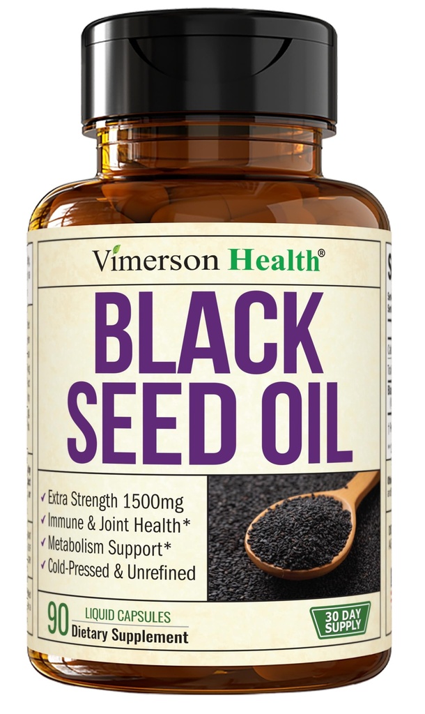 Svartfrøolje - kaldt presset svart frøoljekapsler - gir vitamin E & Omega 3 6 9 - høy styrke (1500mg) for immun & felles støtte, antioksidanter, digestion, hårhud negler - Vegan 90 Caps