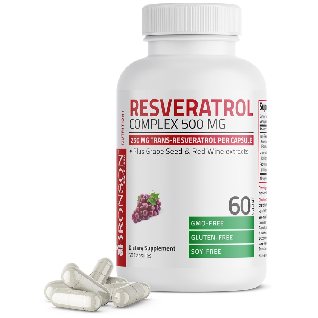Bronson Resveratrol 500 Kompleks Standardisert Trans-Resveratrol + Grape frø & rødvin ekstrakt, 60 kapsler