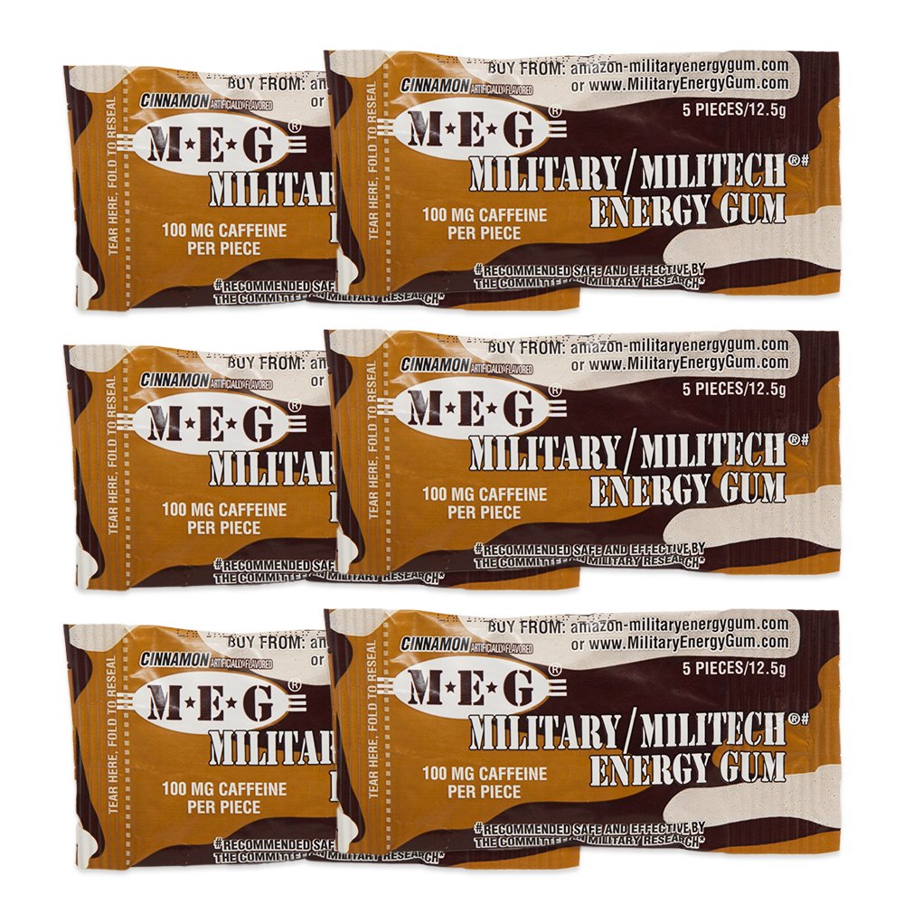 MEG - Militær Energi Gum | 100 mg koffein per stykke + Øk energi + Øke fysisk ytelse + kanel 6 pakke (30 antall)