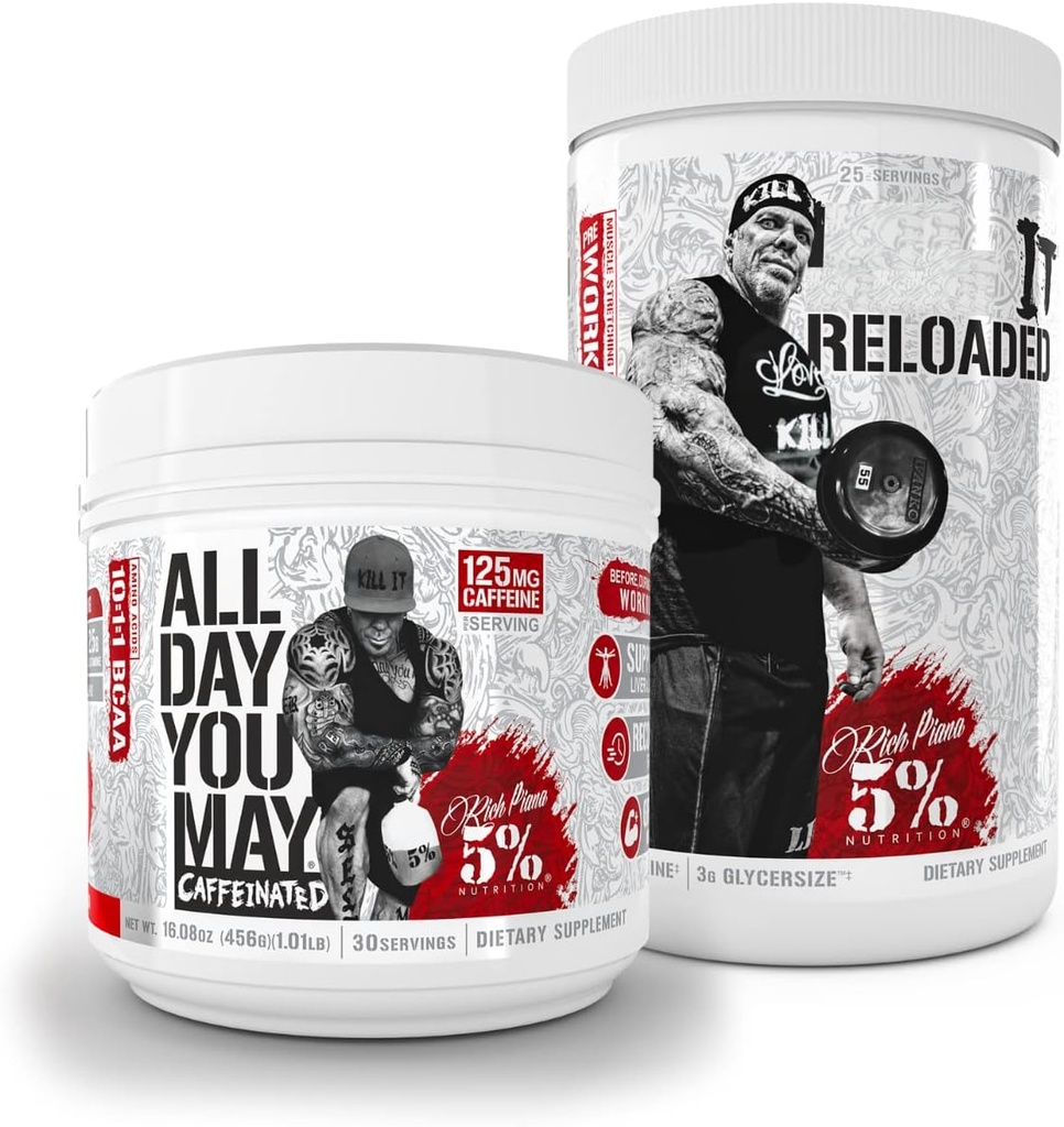 5 % Ernæring Rich Piana Bundle | AllDayYouMay Koffeinert BCAA pulver + Drep det Lastet på nytt høy-stim pre-Workout (Fruit Punch)