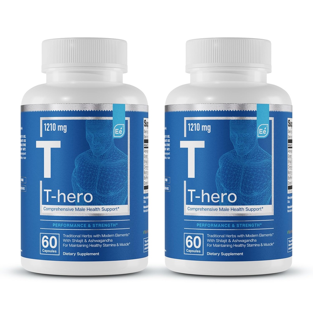 Essential Elements T-Hero - daglig testosteron støtte for menn - fremmer vitalitet og kjøring - med Ashwagandha, Shilajit, Boron, DIM - 60 Count - 30 Services (2-Pack)