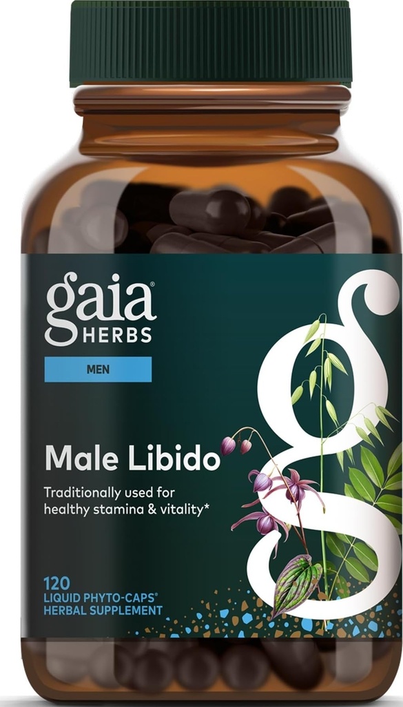 Gaia Herbs Male Libido - Herbal Supplement med Sag Palmetto, Horny Goat Weed, Maca & Oats - Støtter Stamina, Vitality & Hormon Balance for menn - 120 Vegan flytende Fyto-Capsules (30-dagers Supply)