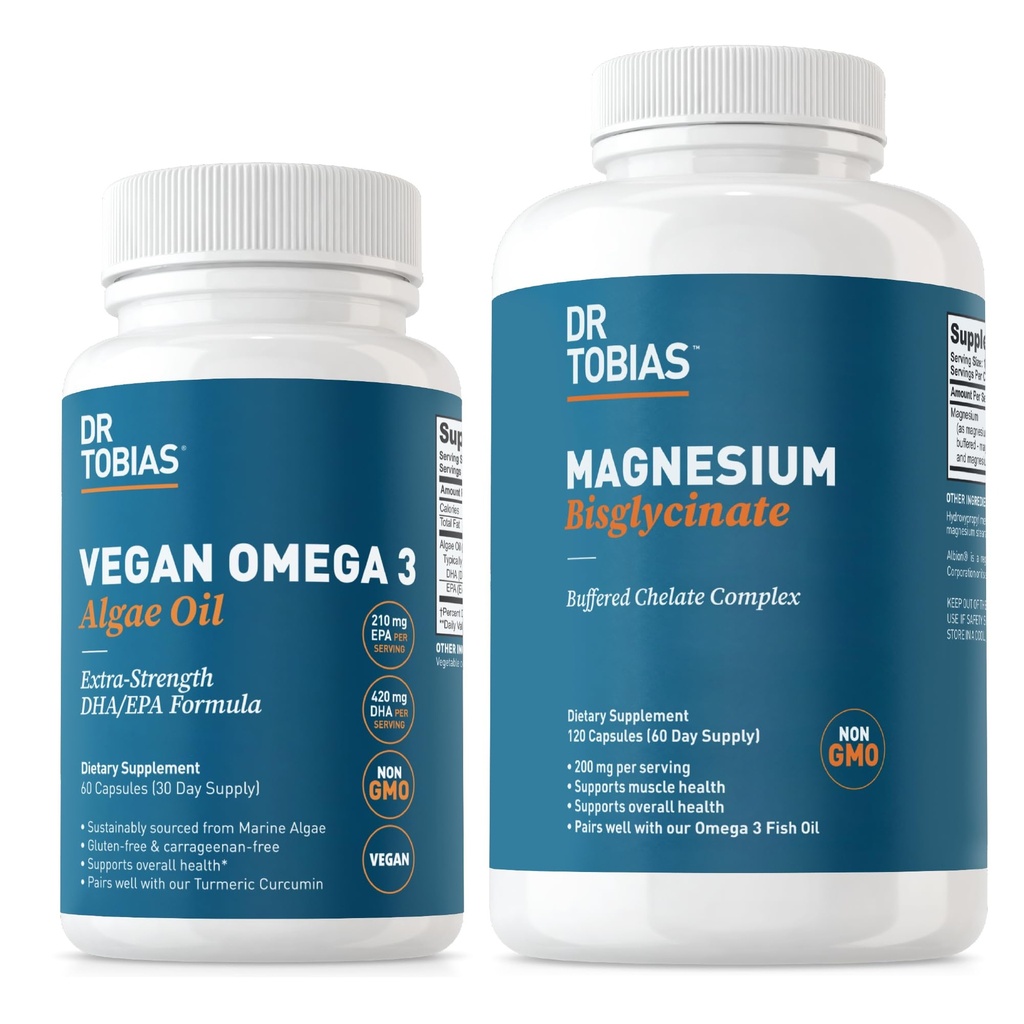 Dr. Tobias Vegan Omega 3 Algae Olje og Magnesium Bisglicinat, Essential wellness støtte for hjerte, hjerne, muskel, og bein helse, ikke-GMO, Vegan