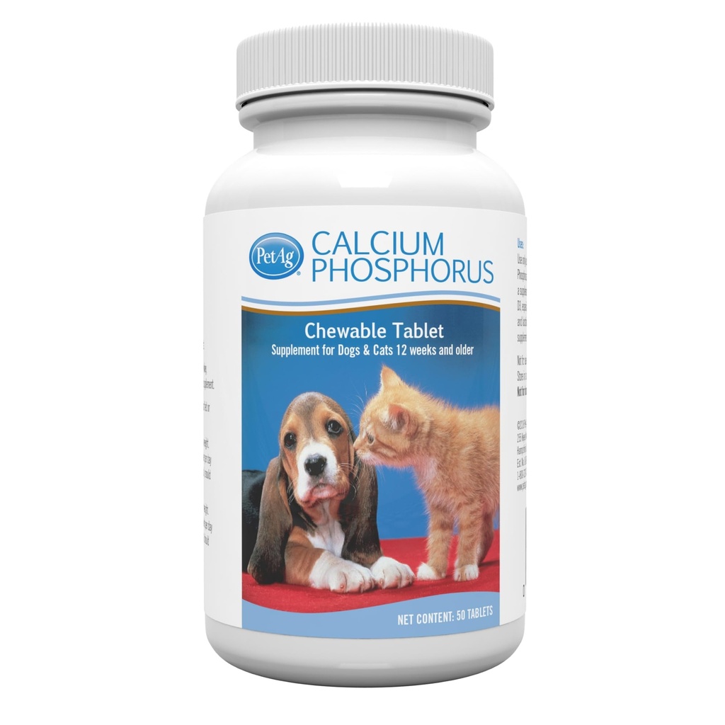 PetAg Kalsiumfosfor tabletter - 50 tabletter - Daglig bruk, Chewable Supplement for hunder og katter 12 uker og eldre - Forsterket med vitamin D