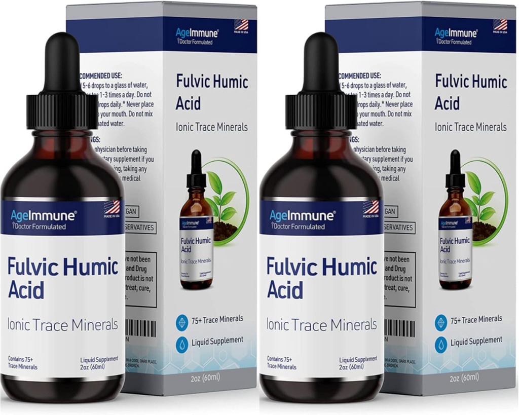 Fulvic Humic Acid flytende Supplement. Planteavledede mineraldråper, over 75 spormineraler for energiøkning. Opptil 8 måneders forsyning. Konsentrasjon 250%. 2oz hver. 2 flasker.
