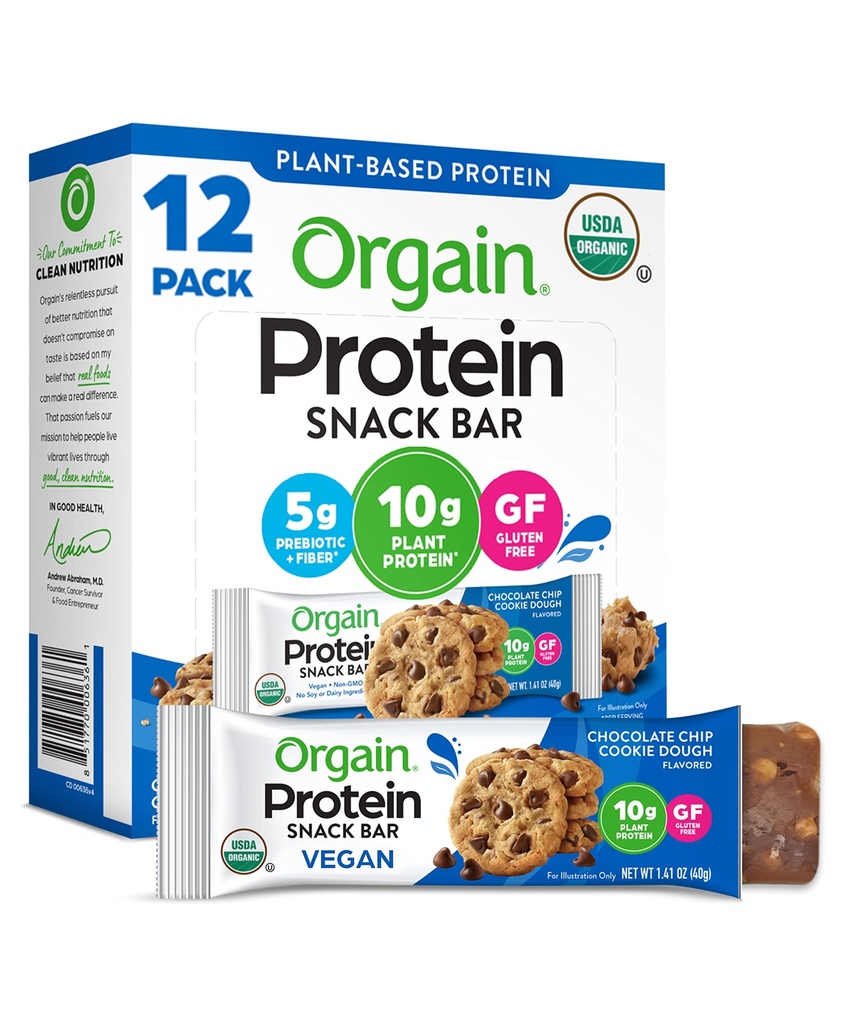 Orgain Organic Vegan Protein Bars, Sjokolade Chip Cookie Dough - 10g Plant Basert Protein, Lav kalorie Sunn Snacks, Ingen Laktose eller Soya Ingredienser, Glutenfri, Ikke-GMO - 1.41 Oz (Pack of 12)