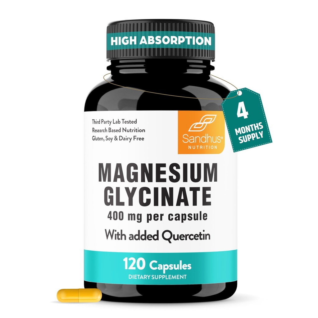 Sandhus Magnesium Glycinate 400 mg Kapsler med Quercetin | Kvalitets søvn, avslapping, muskel helse og immunstøtte | 120 greve (pakke med 1) | Lett å svelge | for kvinner og menn