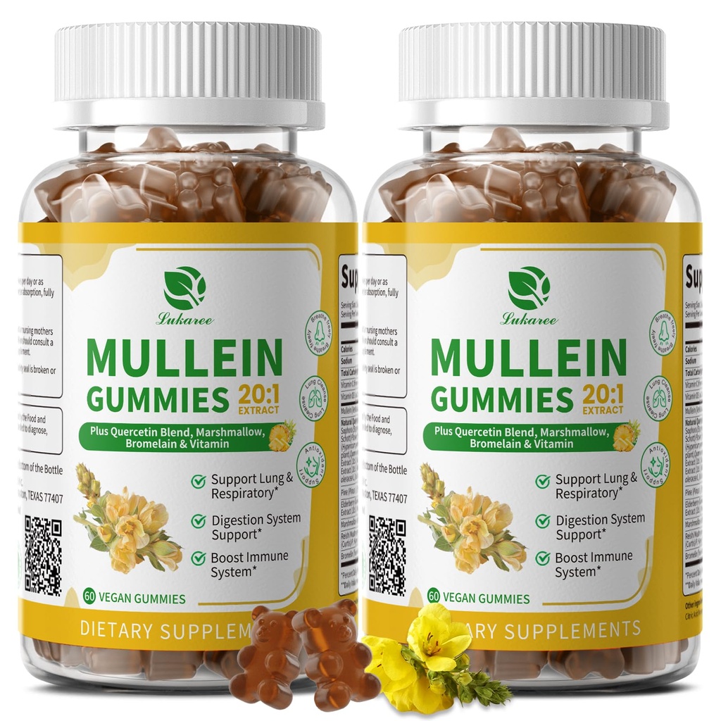 (2 Pakke) 9 i 1 Mullein Gummies for Lung Cleanse & Detox, Ekstra styrke Mullein Leaf Extract w/Quercetin, Bromelain, Elderberry & Marshmallow for respirasjon, Immun & Digestiv, Vegan, 120 Count