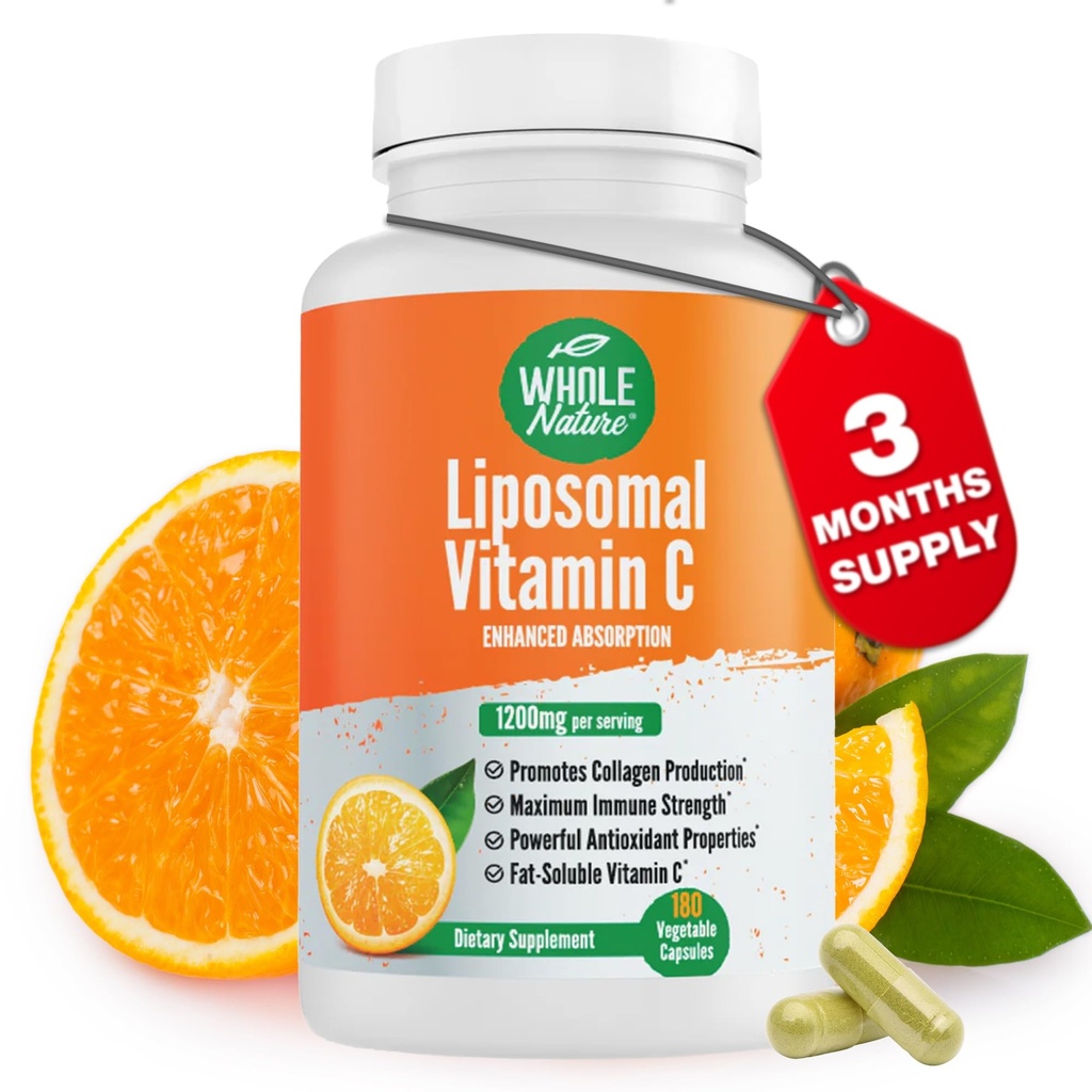 Liposomal vitamin C Supplement piller 1200 mg - høy absorpsjon 180 veganske kapsler fett løselig VIT C, maksimal styrke immunsystem og kollagen booster, solflower lecithin