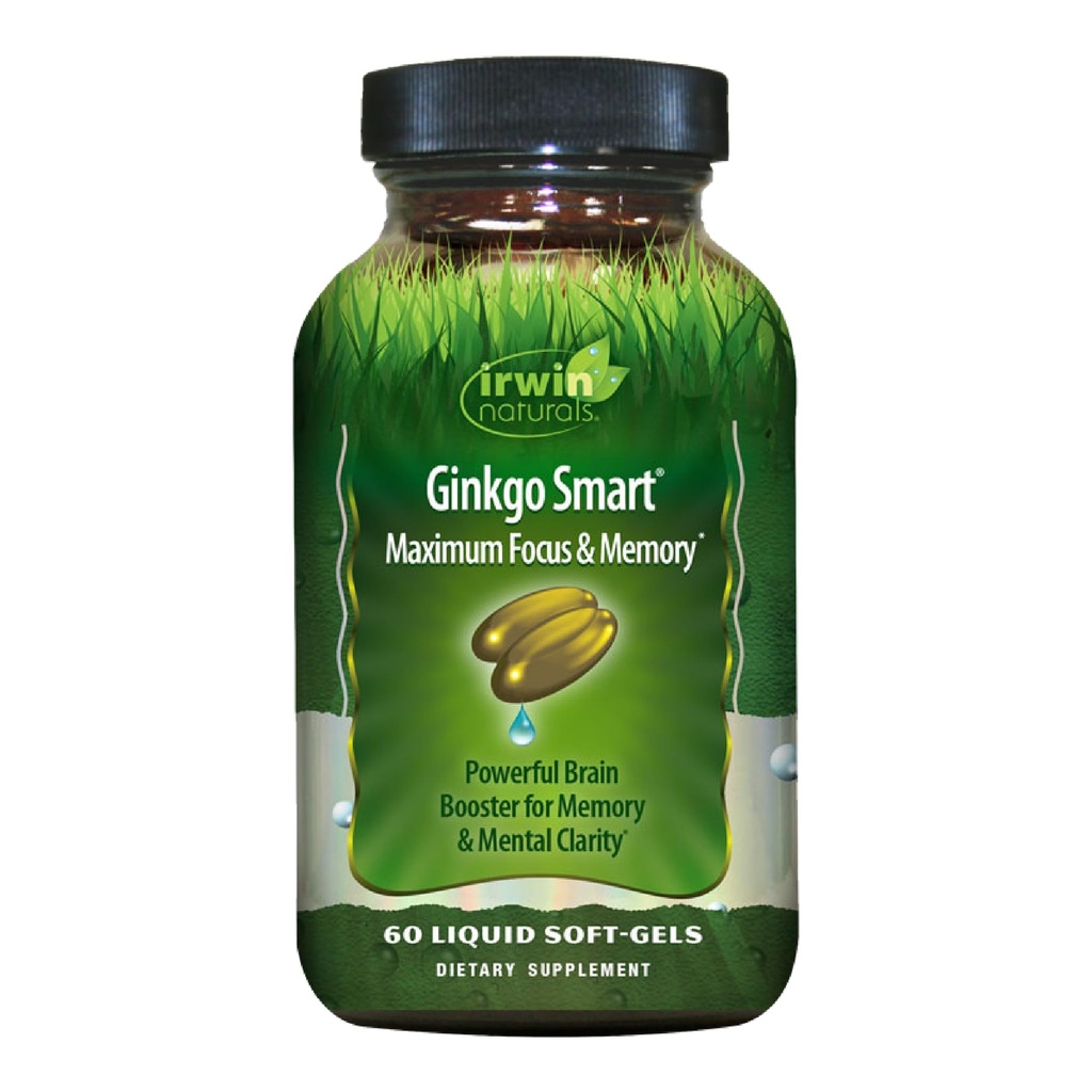 Irwin Naturals Ginkgo Smart Kraftig Nootropic Brain Booster - støtter maksimal minne, fokus og mental klarhet med DMAE, Clubmoss, Choline & Acetyl L-karnitin - 60 flytende Softgels