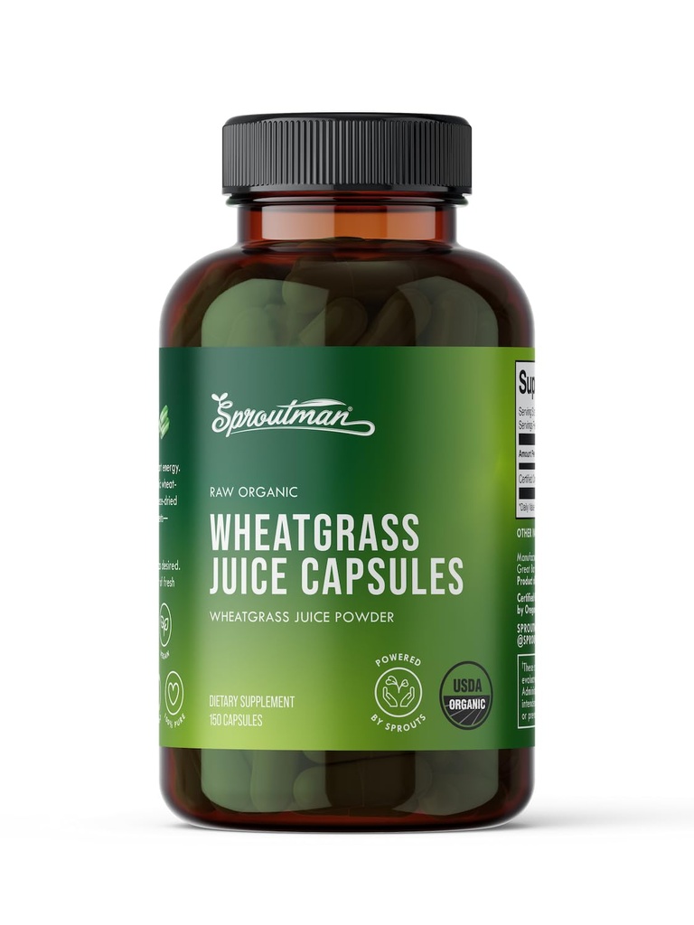 Organic Wheatgrass Juice Powder Capsules by Sproutman - 100% ren hvetegrass - Aids Digestion - høy i vitaminer, antioksidanter, klorofyll, enzymer, mineraler og energi (150 piller)