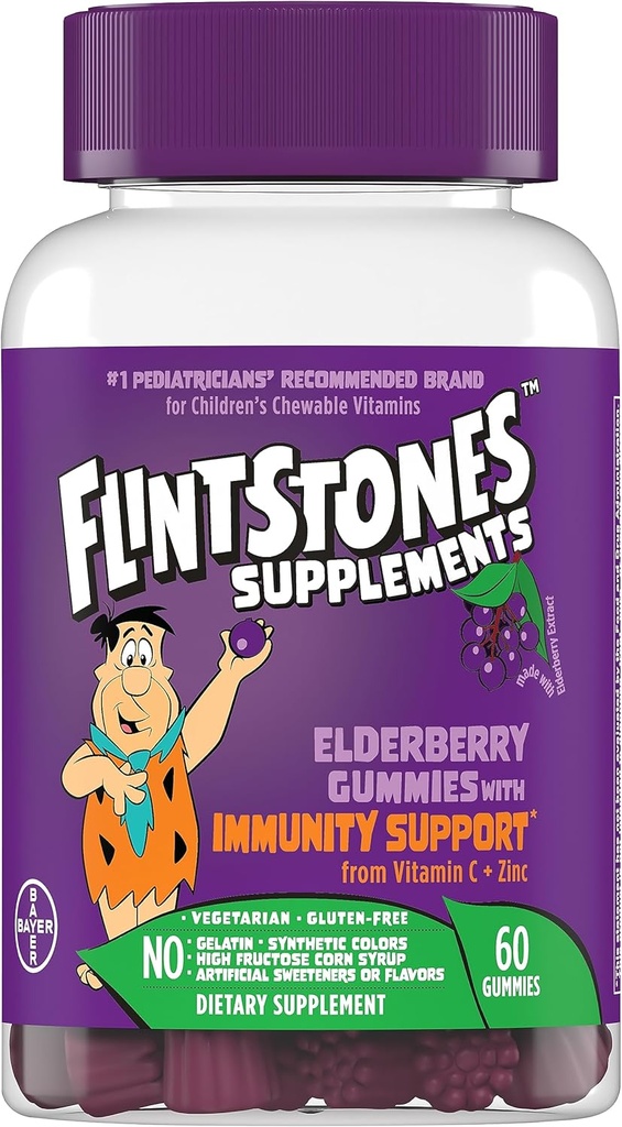 Flintstones Vitaminer Elderbær Gummies for barn med immunitetsstøtte fra C-vitamin og sink, Immunstøtte Gummier, Multivitamin for barn, Glutenfri, 60 greve