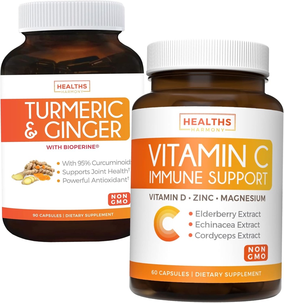 Bundle of Vitamin C Immune Support & Turmeric Curcumin - Daglig støtte: Immun + Joint Health - Immune Support - Vitamin C med Zinc (Non-GMO) & Turmeric Curcumin - Black Pepper Extract (Non-GMO)