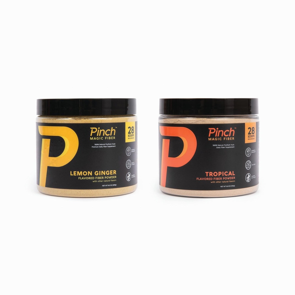 Pinch Magic Fiber | Prebiotic Supplement for Digestive Helse | Psyllium Husk pulver | Keto, Vegansk, Sukkerfri | Tropisk og sitron Ginger Flavors | USA-Made | 28-dagers forsyning for alle