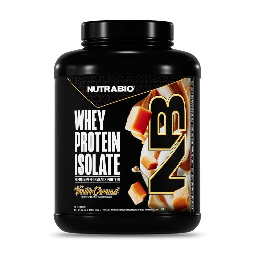 NutraBio 100% Whey Protein Isolate Protein Powder, 25g Protein med komplett Aminosyre Profil, Ikke-GMO, Soja & Glutenfri, Lavkarbohydrat, Lav Calorie Whey Protein Powder, Vanilla Caramel, 5 Lbs