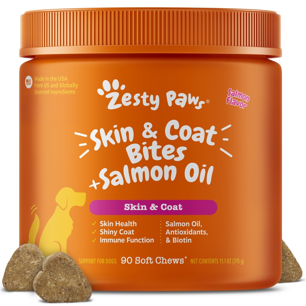 Zesty Paws Salmon Oil for hunder Hud og Coat, Omega 3 Fish Oil Chews, Hunde Allergy Relief Chews, Itch Relief Supplement, 90 greve, Salmon Flavor