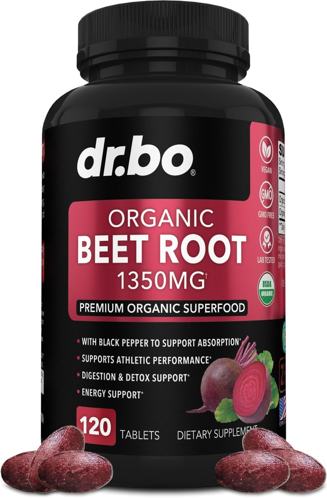 Organic Beet Root Capsules Kosttilskudd - 1350mg Beetroot Powder Extract Pills, Organic Beet Root Powder Supplement, Super Nitric Oxide Beets Høy Sirkulasjon Total vitaminer Support - 120 Bets Tabletter