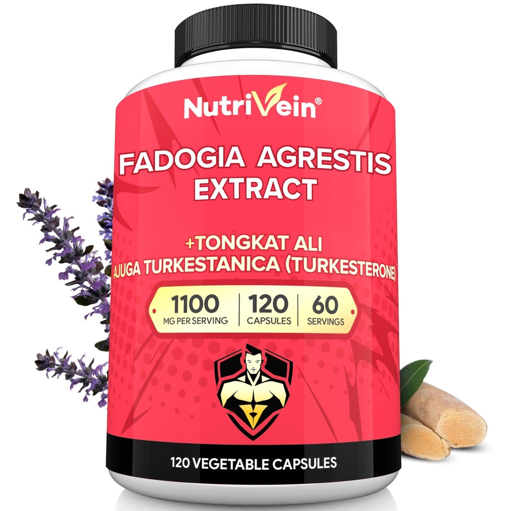 Nutrivein Premium Fadogia Agrestis og Tongkat Ali Supplement med Turkesteron - 1100 mg - 120 Caps - Synergistisk blanding for ytelse, styrke, og gjenoppretting for menn og kvinner i alle aldre