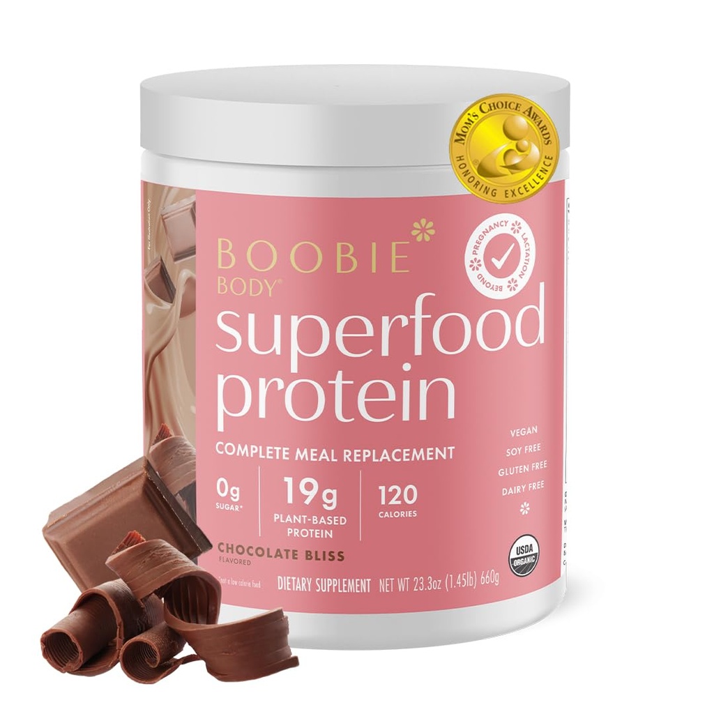 Boobie Body Superfood Protein Graviditet og postpartum måltid utskiftingsshake, sjokoladebliss flavor | 19g Protein | Sikker for laktasjon og moderskap | Økologisk, vegansk, null sukker, 1 tub (20 serveringer)