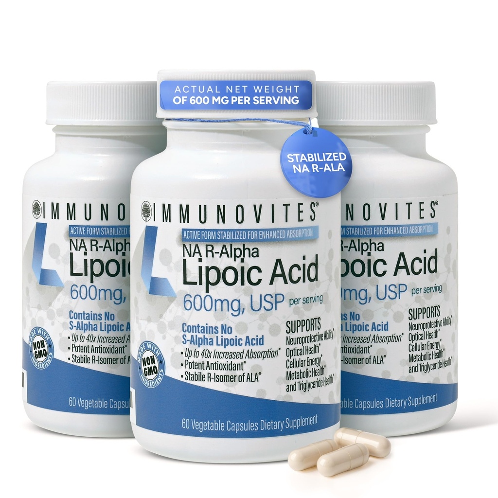 IMMUNOVITES 3-pakkestabilisert R-Alpha Lipoic Acid ((True)) 600mg per servering [[høy styrke og opptil 40x økt absorpsjon]] (Na R-ALA) (Na R-Lipoate) (3 flasker)