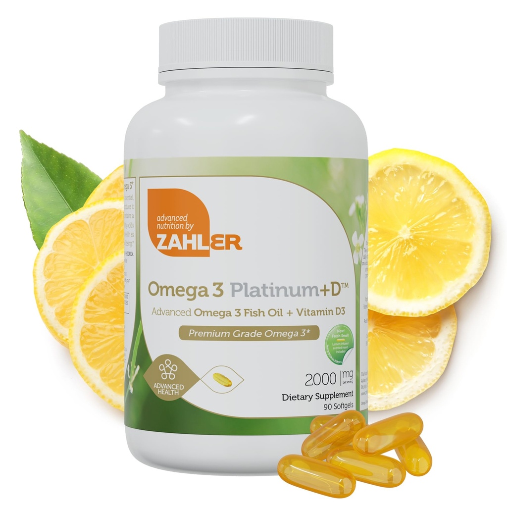 Zahler Omega 3 Platinum +D, All-Naturlig ren fisk olje Supplement, Burpless Softgel med ingen fiskelig ettersmak, høyeste i EPA og DHA, sertifisert Kosher, 90 Softgels
