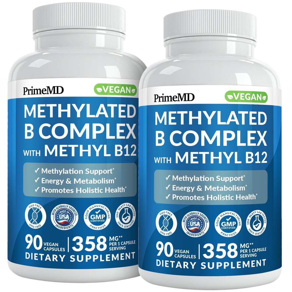Metylert B-kompleks med metylfolat og B12 Metylkobalamin 1000 mhg - metylert multivitamin for energi, hjernefunksjon og velvære - vitamin B-kompleks for menn og kvinner (180 serveringer, pakke med 2)