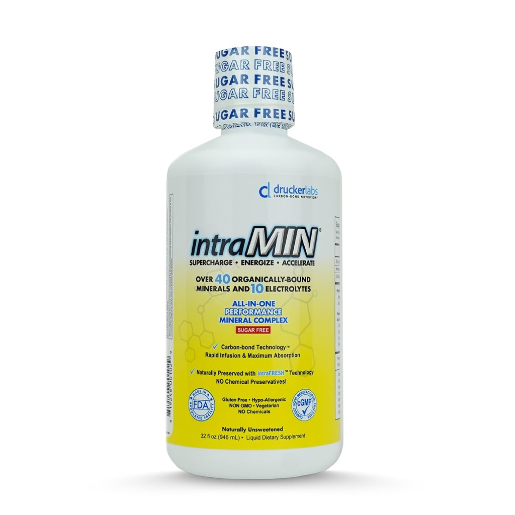 Drucker Labs - intramin organiske flytende mineraler Supplement for menn, kvinner, barn, immun- og muskelstøtte, ikke GMO, Glutenfri, Vegan, Elektrolytter, Sukkerfri (32 oz.,Unflavored)