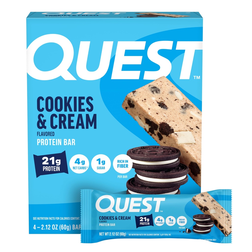 Quest Nutrition Cookies & Cream Protein Bars, 21g Protein, 4g Netto Karbohydrater, 1g Sukker, Glutenfri, Ketovennlig, 4 Count