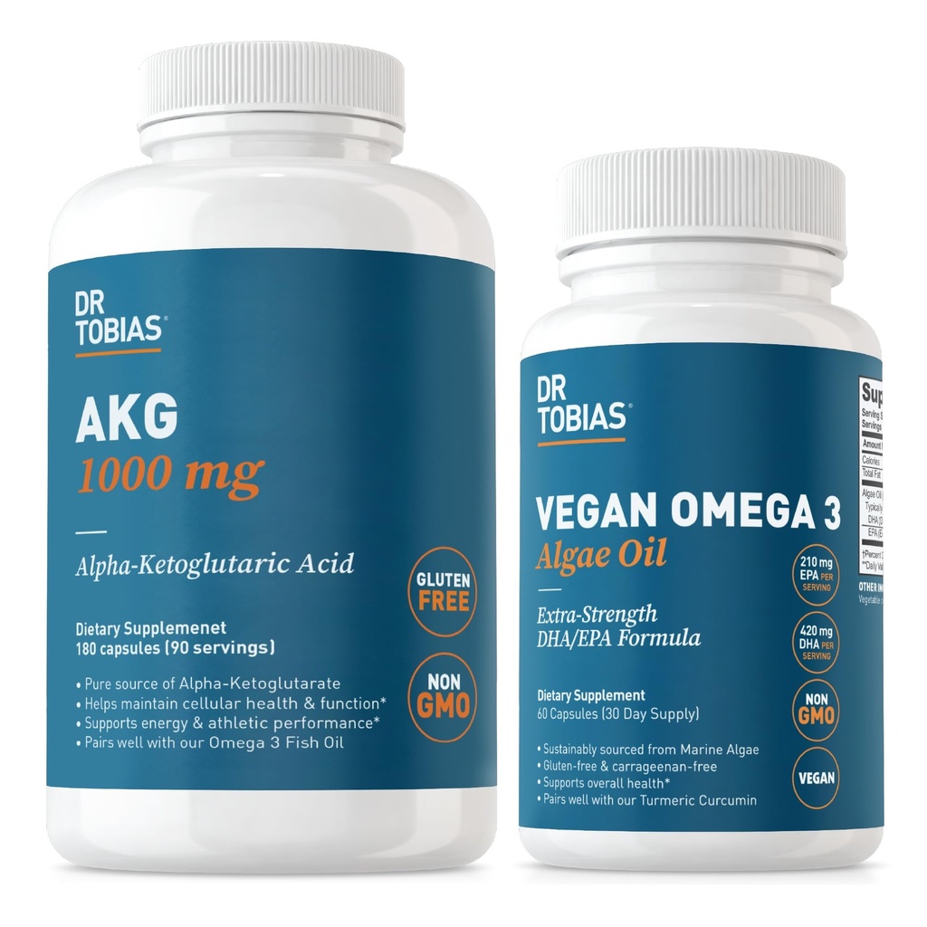 Dr. Tobias AKG Supplement & Vegansk Omega 3 Algae Olje, Støtte Cellulær energi og generell helse med AKG, EPA & DHA, Vegan, Glutenfri, Ikke-GMO