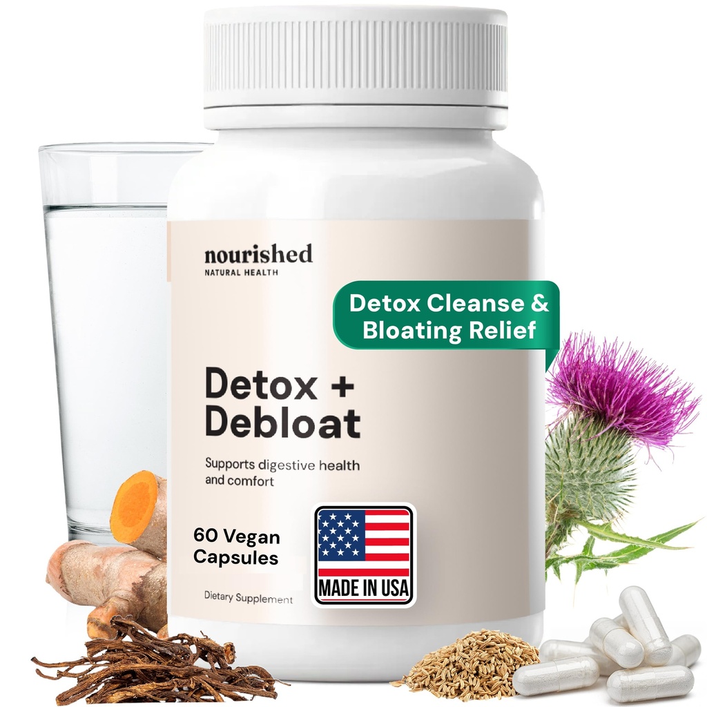 Nourished Natural Health Detox + Debloat - Melk Thistle & Dandelion Root Vegan Supplement for kvinner - Bloating Relief & Digestion Support - 60 Kapsler