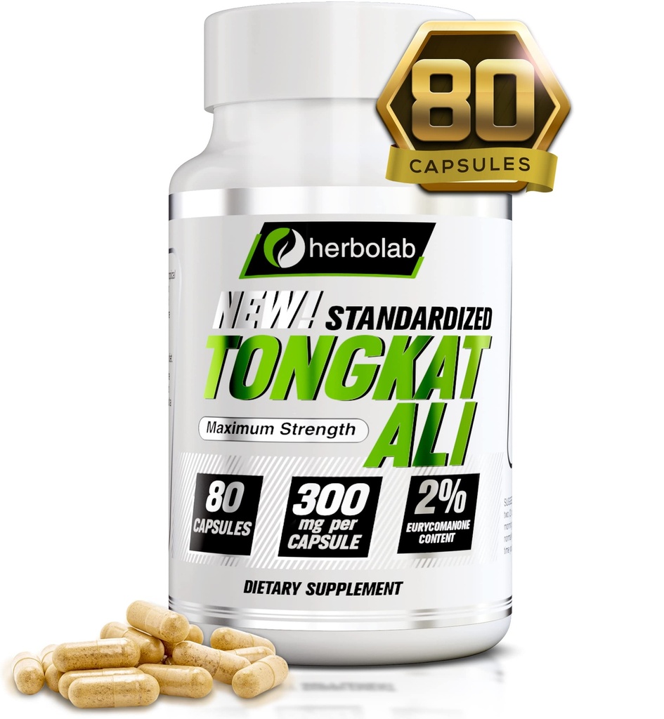 Herbolab Tongkat Ali For menn Root Supplement 200:1, Standardisert til 2% Eurycomanone, 1200 mg, 30 dagers forsyning, Longjack Tongkat Ali for menn, Eurycoma Longifolia ekstrakt pulver kapsler, malaysisk Ginseng