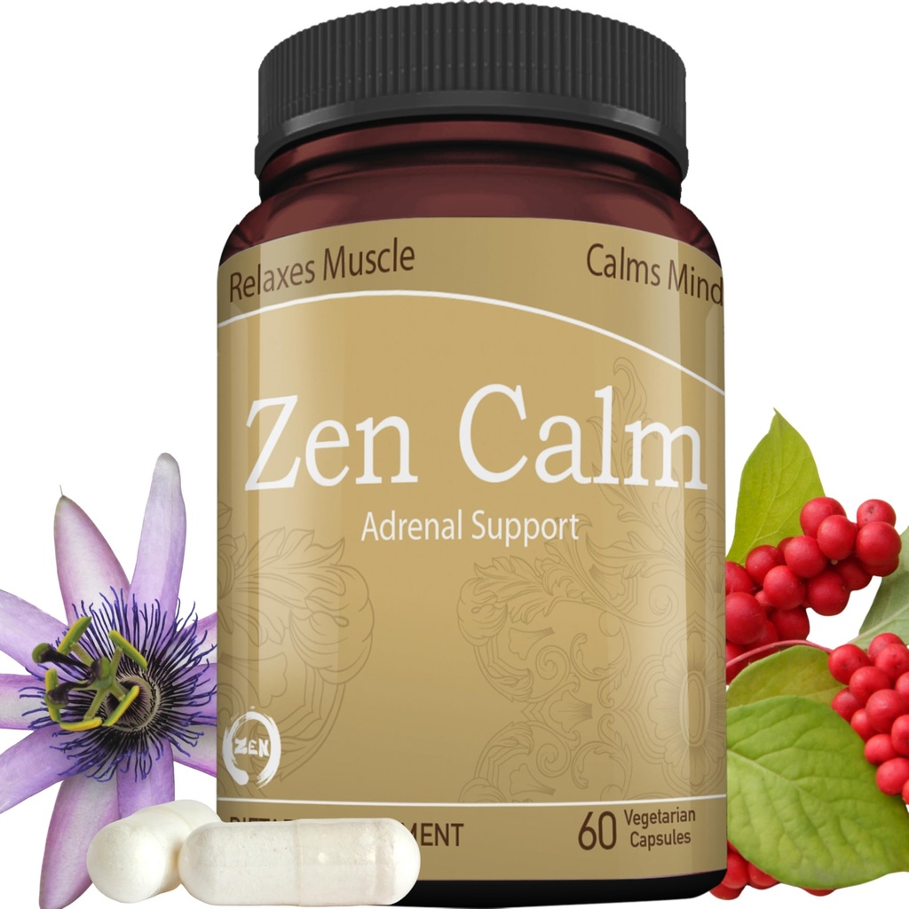 Zen Calm Stress Adrenal Støtte Supplement Organisk Adaptogen Urter - Magnesium, B vitaminer, GABA og mer for å støtte en naturlig ro. Ikke-Drowsy. Ikke-GMO (60 Veggie Caps)