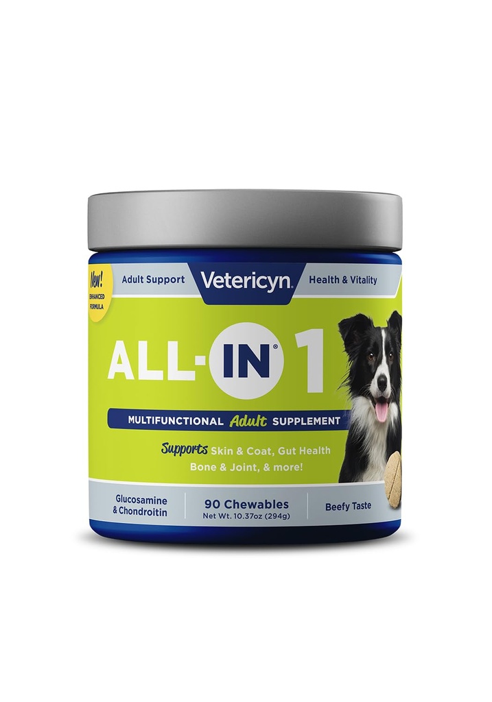Vetericyn All-in 1 Multifunksjonell Hunde Supplement | Digestive Enzymer + glukosamin og Chondroitin for bein og ledd støtte + vitaminer, antioksidanter, prebiotika, probiotika og omega. 90 Antall