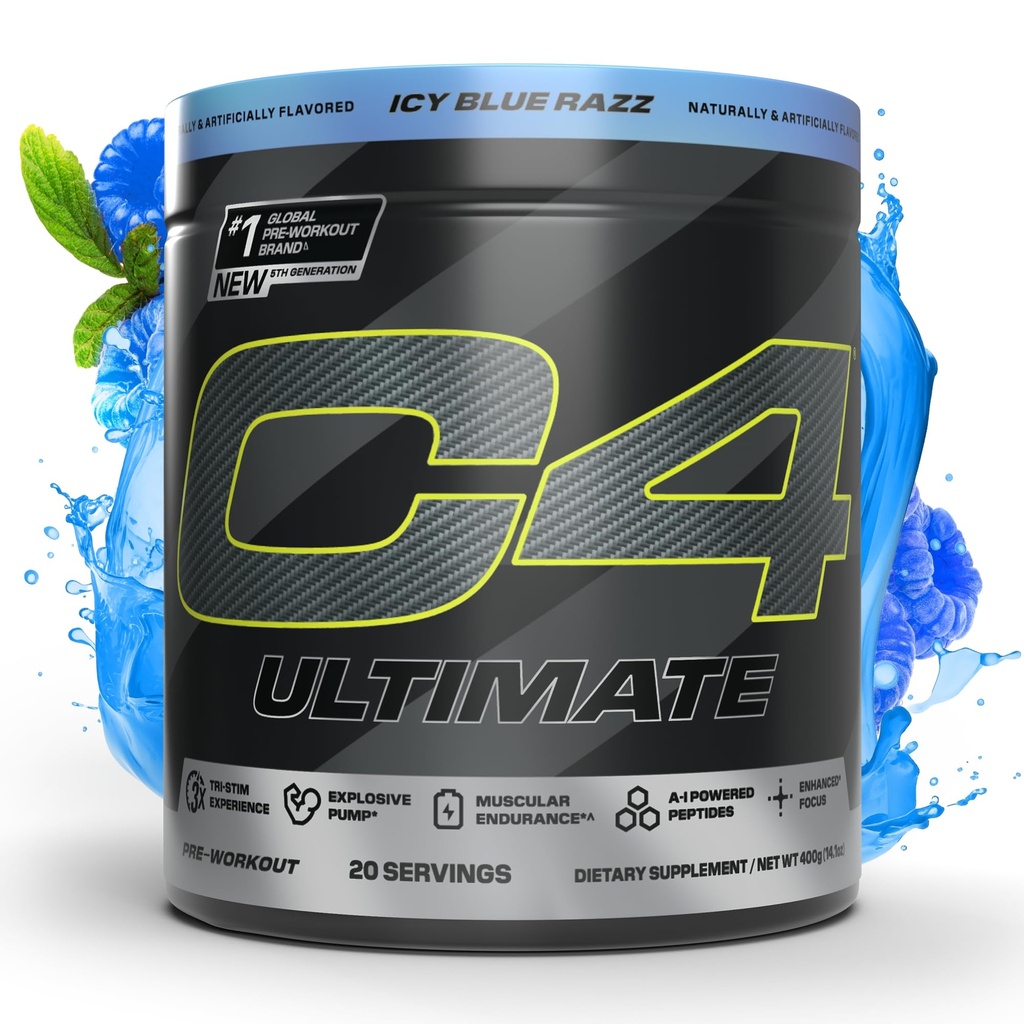 Cellucor C4 Ultimate Pre Workout pulver - sukker gratis preworkout energi Supplement for menn og kvinner - 300 mg koffein + teaCrine + dynamin + kreatin - ICY Blue Razz, 20 serveringer