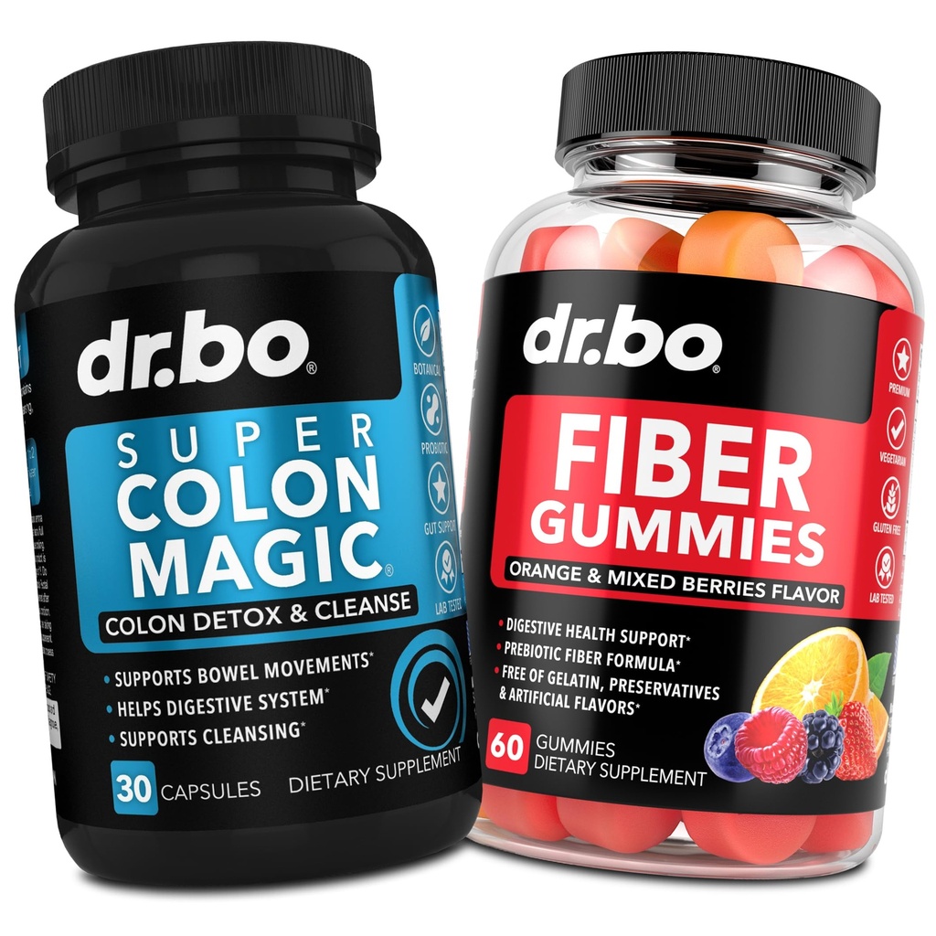 DR. BO Fiber Gummies & Colon rengjøring Kosttilskudd - Tasty Gummy Prebiotic Fiber Supplement - Super Colon Magic Bowell Bevegelse Støtte for Gut & Mage Rengjøring