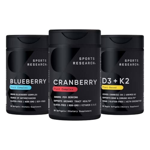 Sportsforskning Cranberry Fruit Complex Supplement med Pacran & vitaminer C & E, Hele frukt Blåbær Konsentrum laget av organiske blåbær og plantebasert vitamin D3 + K2 med kokosolje