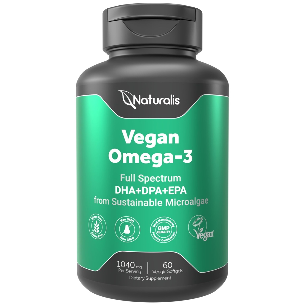 Naturalis Vegansk Omega 3 DHA, EPA & DPA fra Algae | Vegansk samfunn sertifisert, Sustainly Sourced, True Full Spectrum | 60 Veggie Softgels (Carrageen Free)