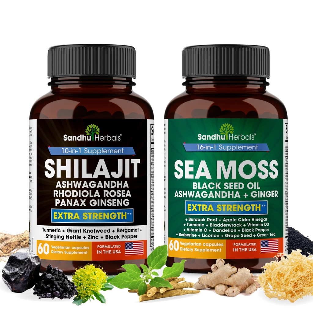 Shilajit Sea Moss Ashwagandha Combo Bundle - Svart Seed Oil, Turmeric, Rhodiola Rosea, Panax, Ginseng Supplement | 120 kapsler, bedre enn gummier, Resin | Seamoss for menn og kvinner