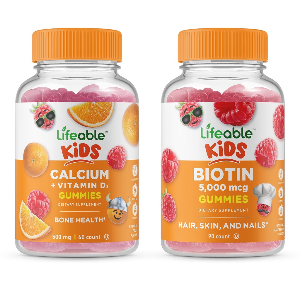 Livbar Biotin Kids + Kalsium med vitamin D Kids, Gummies Bundle - Great Tasting, Vitamin Supplement, Glutenfri, GMO Gratis, Chewable Gummy