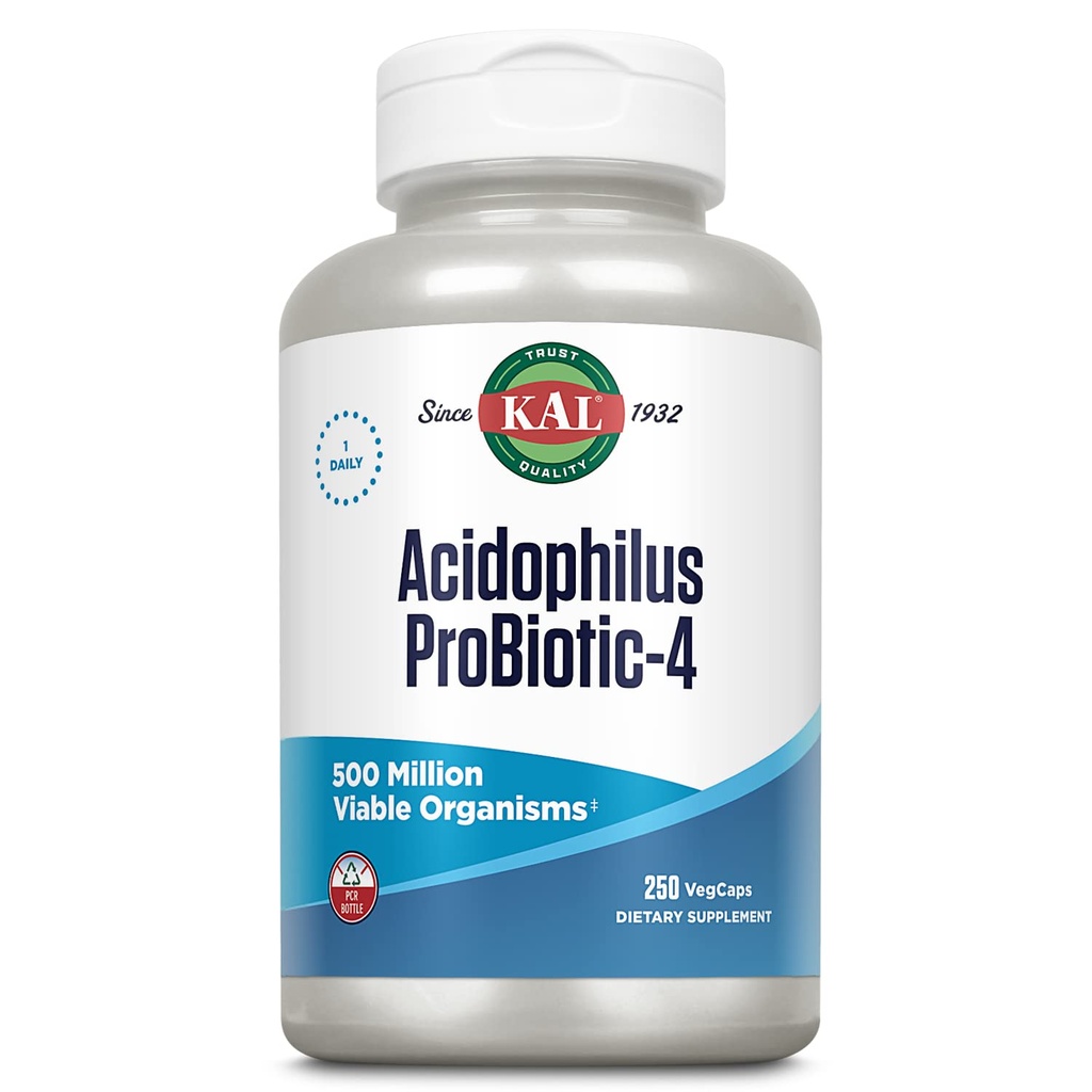 KAL Acidophilus ProBiotic-4, 500 millioner CFUs, fire probiotiske strimler, probiotika for kvinner og menn, fryse tørket, L. acidophilus, L. bulgaricus, S. termophilus, B. bifidum, 250 serveringer, 250 Vegkaps