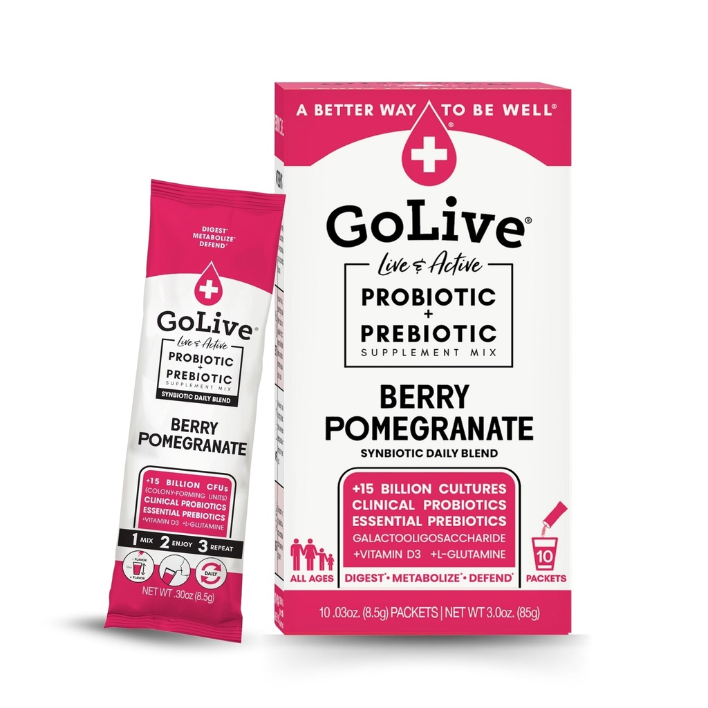 GoLive Prebiotic og Probiotic for kvinner, menn, barn. Berry Pomegranate Synbiotiske pulver w/ L-Glutamin, vitamin D3, elektrolyter. For Gut Helse, Digestion, Metabolisme, Immunitet 15-50B CFU.